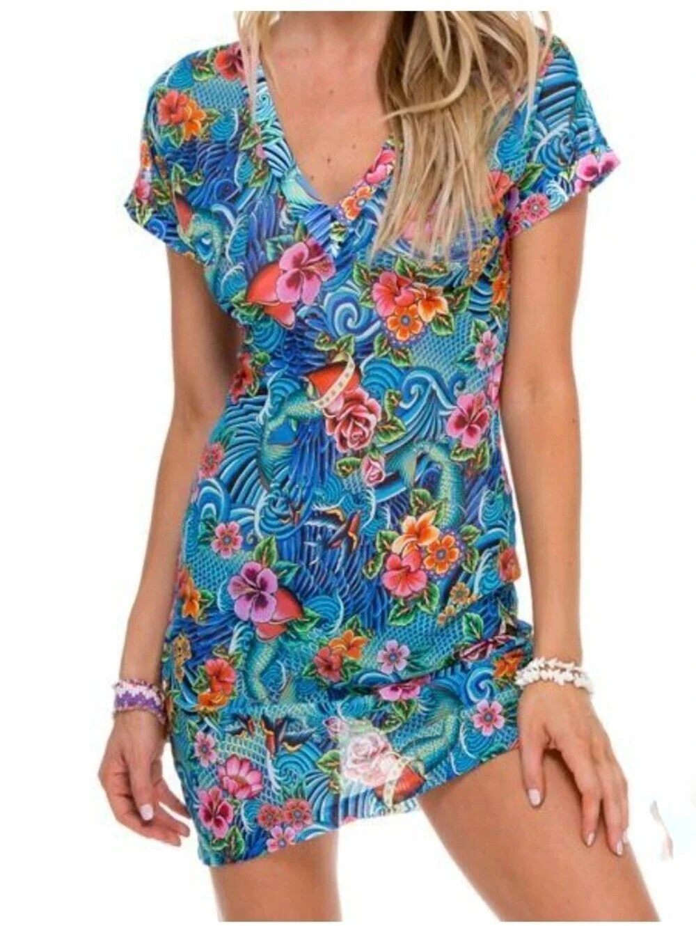 Luli Fama Inked Babe Mesh V Neck Bodycon Dress Swim Cover Up Multicolor Size Med